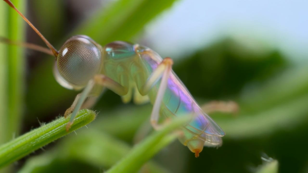 Vista macro ravvicinata di un insetto traslucido posato su un gambo verde con ali delicate e grandi occhi. Luce naturale soffusa e fogliame sfocato creano un.