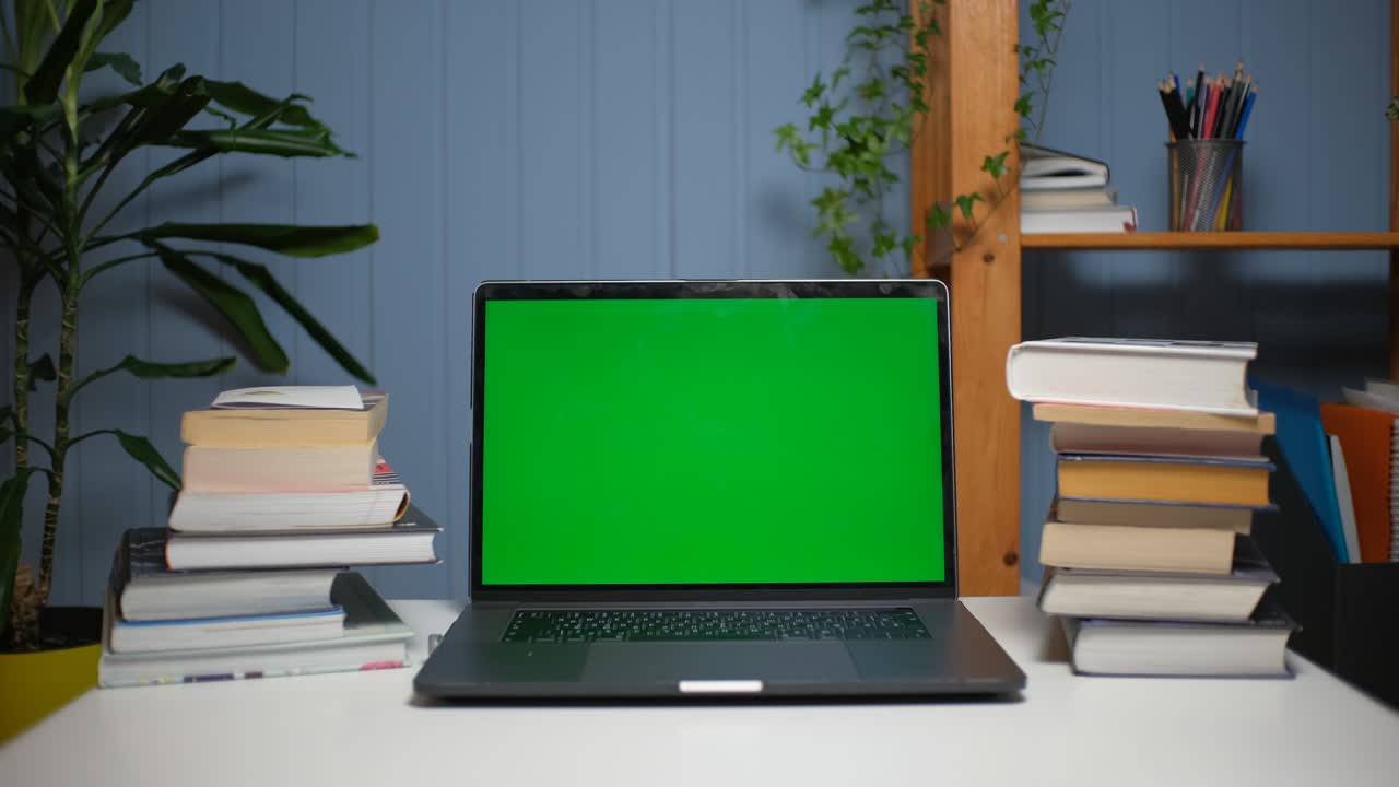 Green screen laptop computer on a homework desk with books
