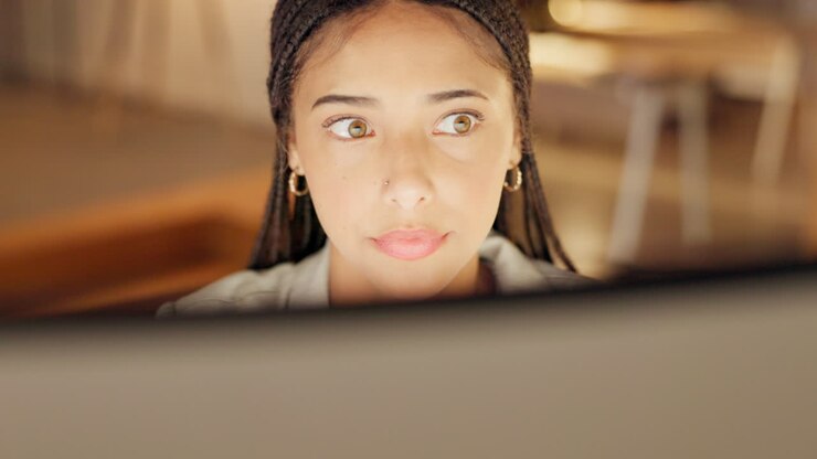 Computer, research and businesswoman reading