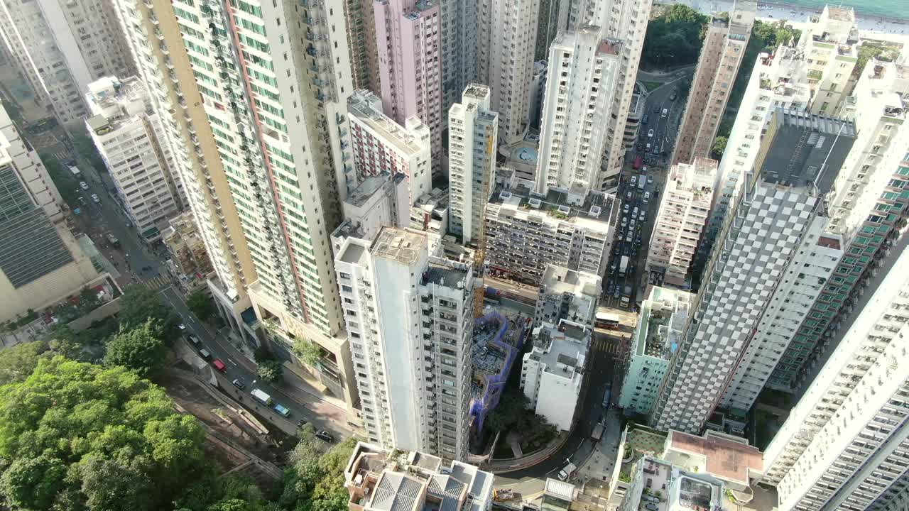 시내 홍콩 도시 고층 빌딩 및 도시 교통, 조감도