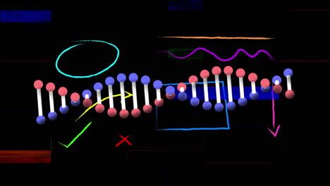 dna structure spinning against colorful abstract shapes and lights on black background