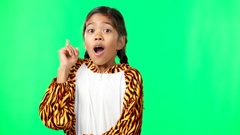 Child,-girl-and-thinking-of-idea-on-green-screen