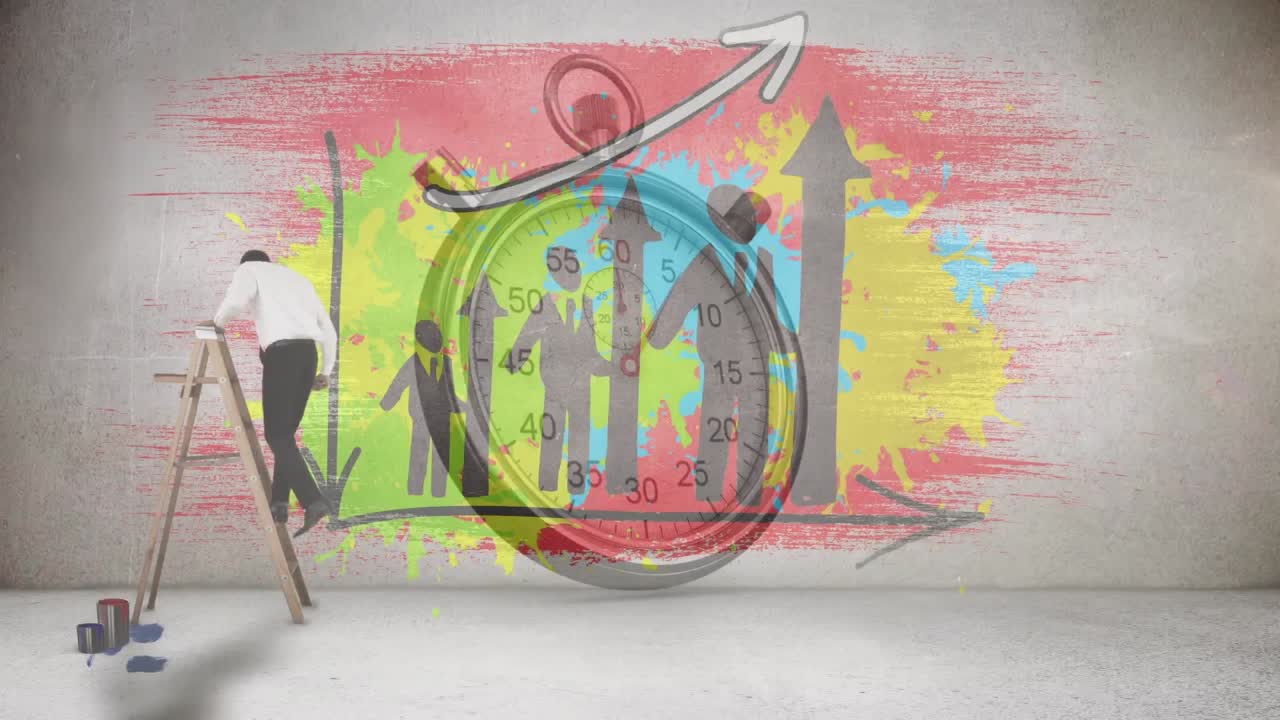 사다리와 스 ⁇ 워치에 있는 사업가와 함께 통계의 애니메이션