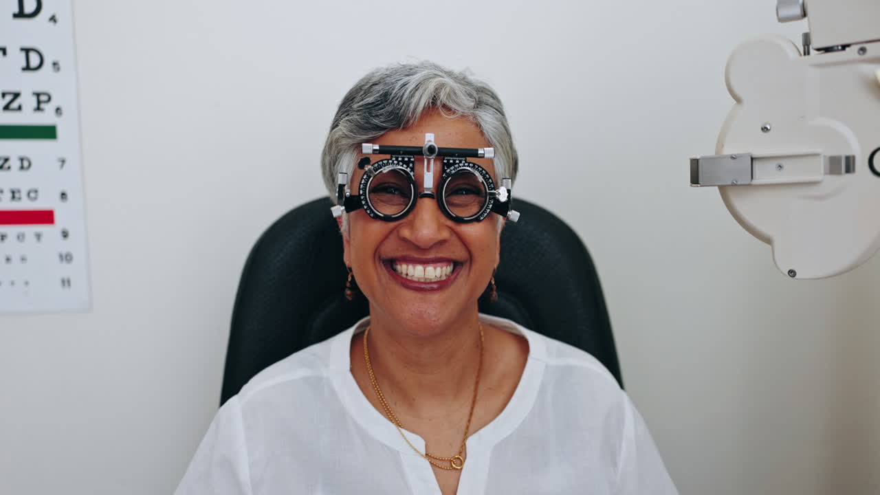 Eye exam, trial frame and happy woman