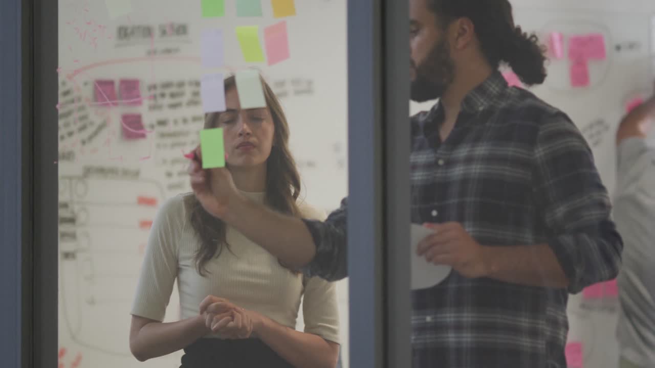 diversos colegas de trabajo masculinos y femeninos haciendo una lluvia de ideas usando una pared de vidrio en la sala de reuniones