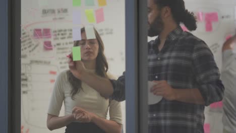 diverse male and female work colleagues brainstorming using glass wall in meeting room