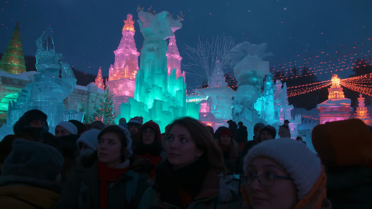 Following multicolored LEDs shifting across ice castles, crowd in parkas craning necks at festival