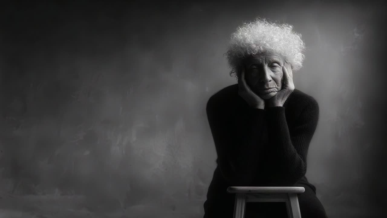 A Thoughtful Elder Reflects on Life's Journey: A Black and White Portrait Capturing the Depth of Emotion and Experience in Silver Hair and Contemplative Expression