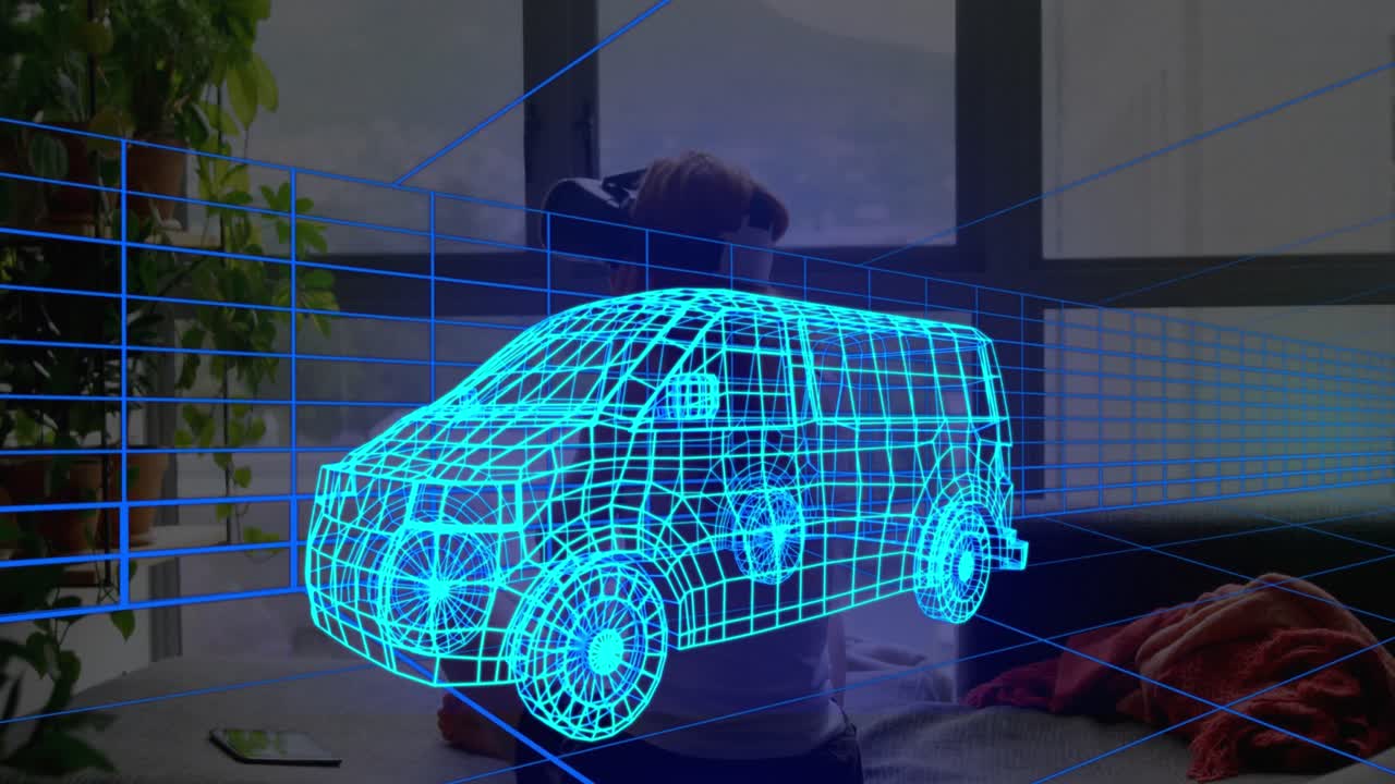 animación de dibujo técnico 3d de la furgoneta, sobre la mujer en casa con auriculares vr