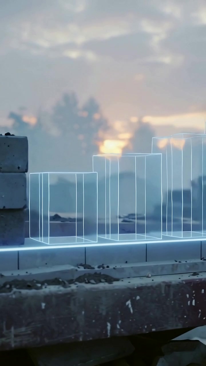 Vertical video: Forming hologram bars after LED line lighting on plank at dawn as graph by blocks
