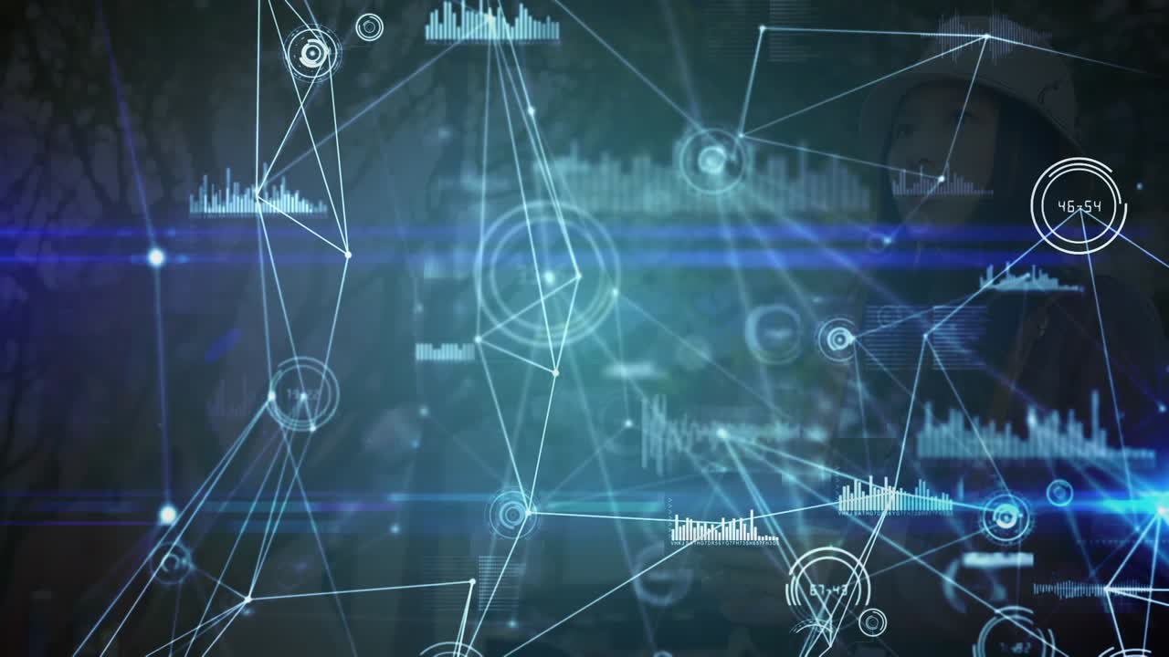 Animation of network of connections and data processing over asian woman sitting in the garden