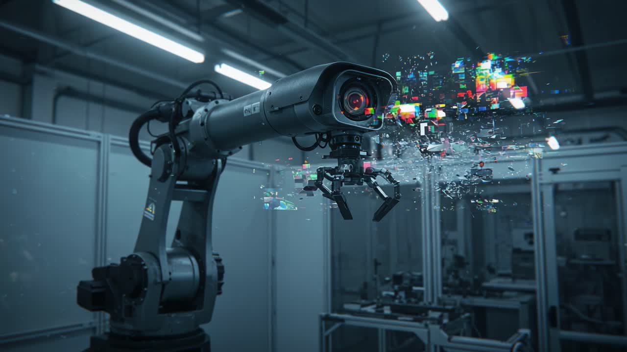 Advanced Robotic Arm with High-Tech Camera Capturing Data and Creating Visual Disruptions in a Futuristic Manufacturing Environment