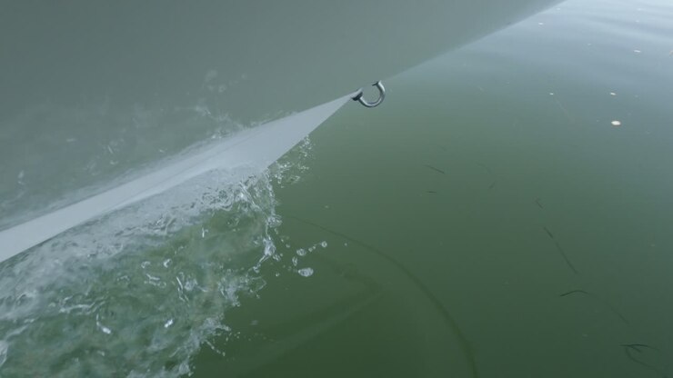 Diagonal lines on boat's bow splashing through emerald green water