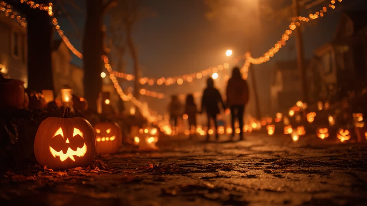 Spooky Night Transformation: A Lively Halloween Scene with Glowing Jack-o'-Lanterns and Celebrating Shadows Amidst Twinkling Lights