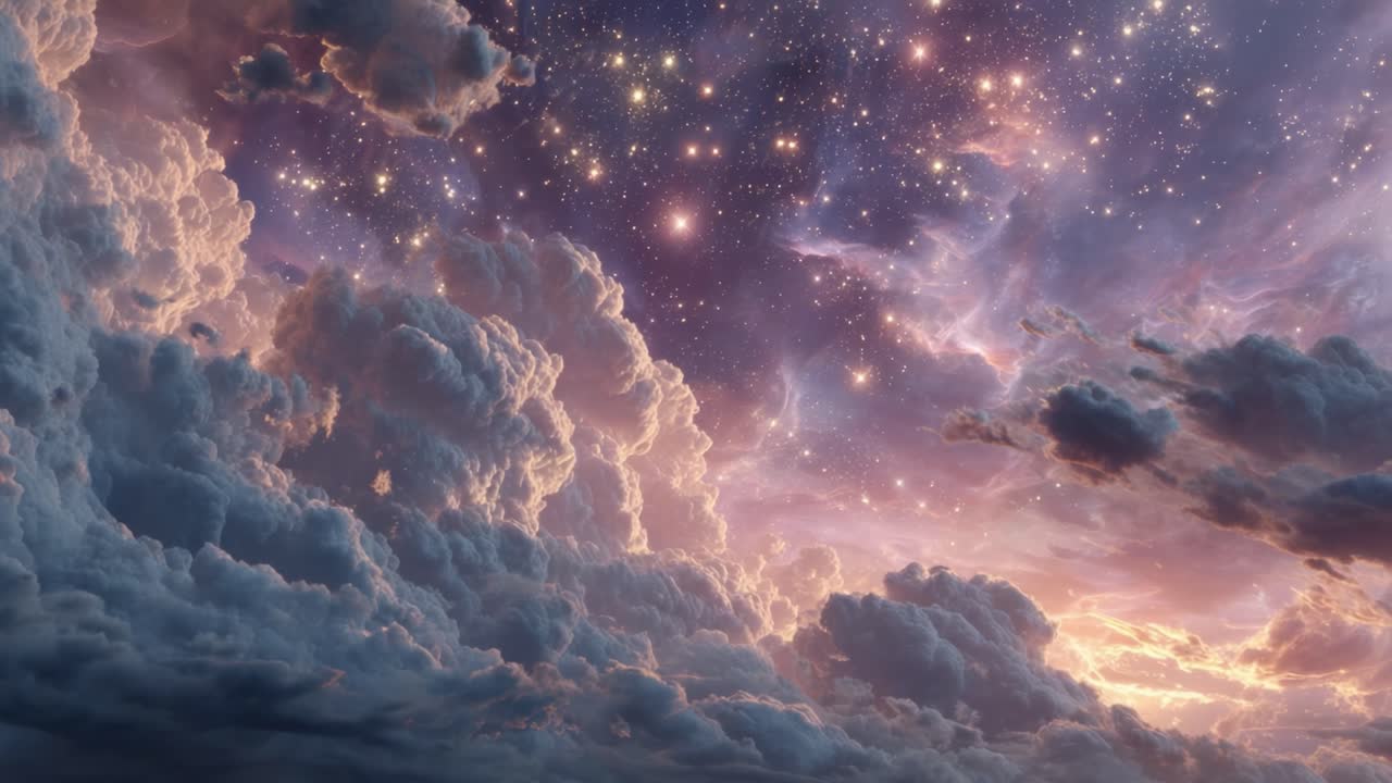A breathtaking celestial view showcasing a vibrant night sky filled with twinkling stars, colorful clouds, and a mesmerizing blend of purple, pink, and blue hues that evokes wonder and tranquility