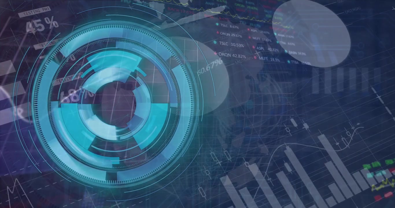 Animation of scope scanning, statistics and data processing on blue background