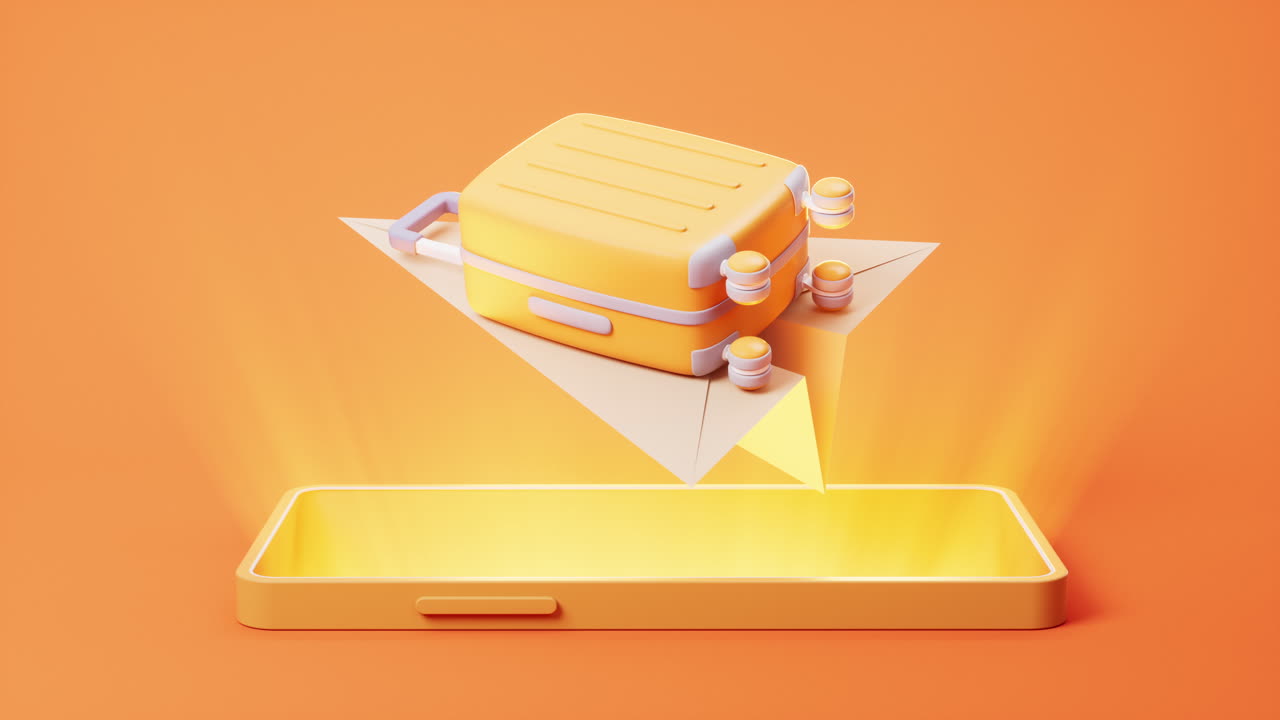 Loop animation of mobile phone with flying luggage on it, 3d rendering.