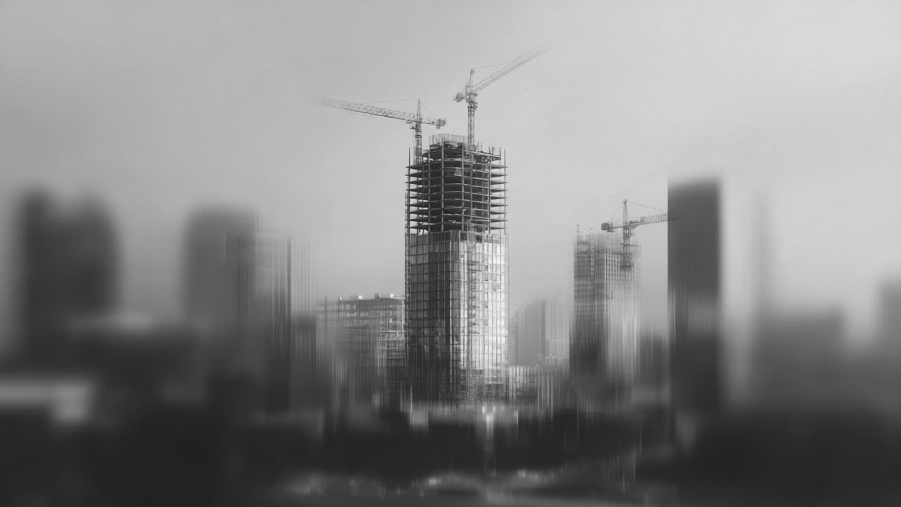 Vista aérea de un proyecto de construcción de edificios urbanos con una grúa y desarrollo de rascacielos sobre un fondo de paisaje urbano difuminado