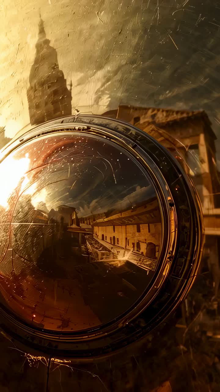 Vertical video: Sun moving with tiny tilt shiny knob showing ochre street and rail showing droplets