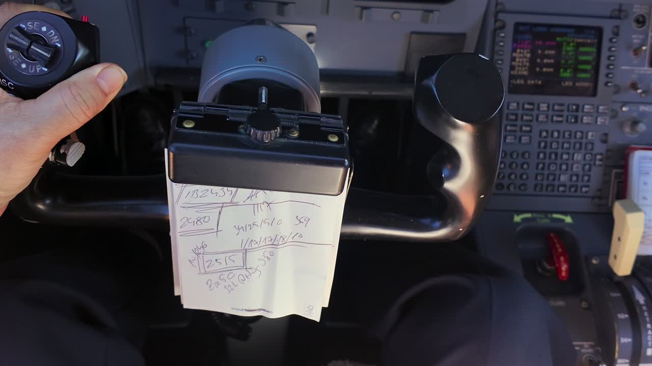 Hand of a caucasian pilot (captain seat), disconnecting the autopilot and taking manual control of a jet airplane, with the cockpit partialyy bathed in the sunlight