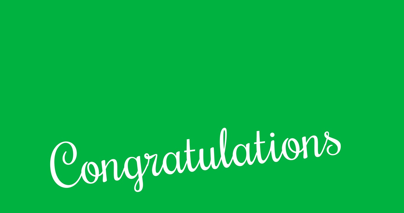Animazione digitale di un banner di testo "Congratulazioni" su sfondo nero.