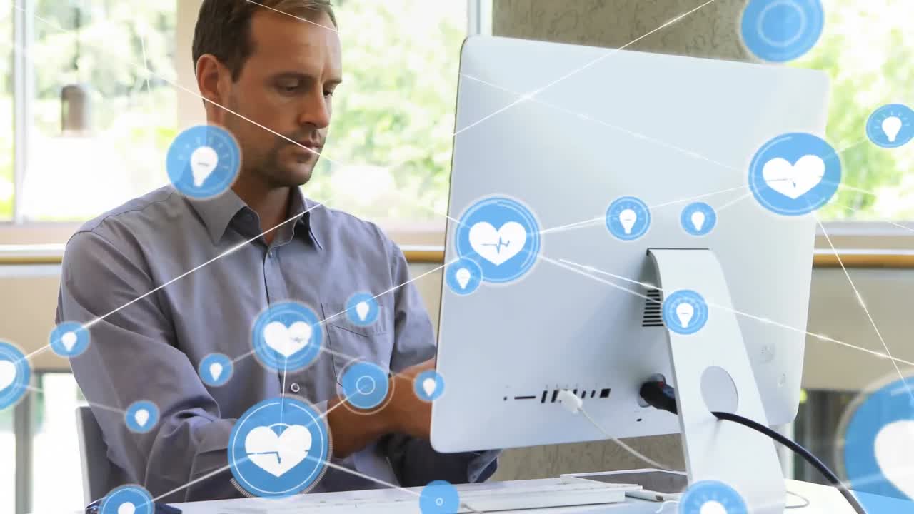 animación de la red de conexiones con iconos sobre el hombre de negocios que usa un teléfono inteligente