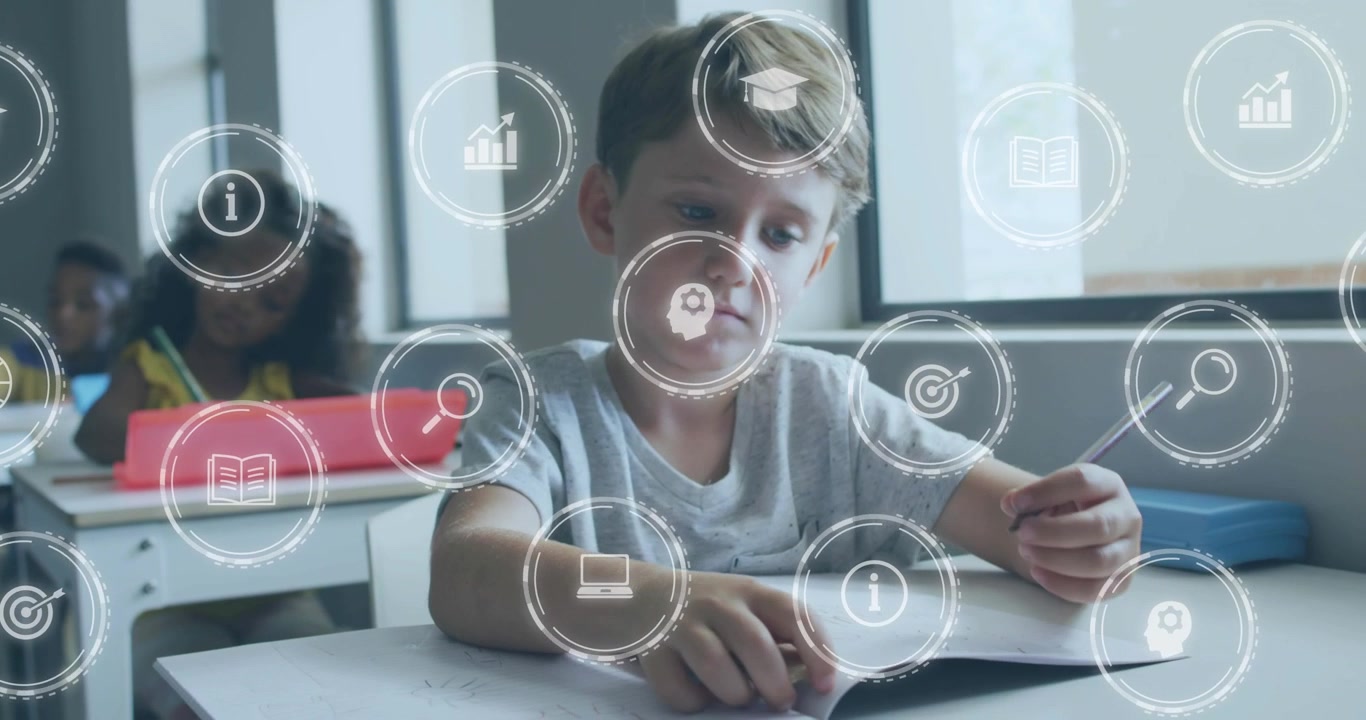 Vertical video: Boy turning page and starting writing, education icons guiding pencil to learn
