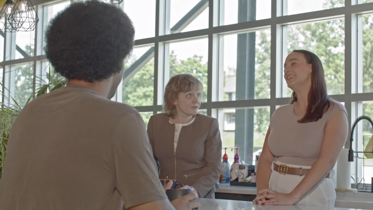 Office setting with one senior citizen woman and two younger workers talking with stable video