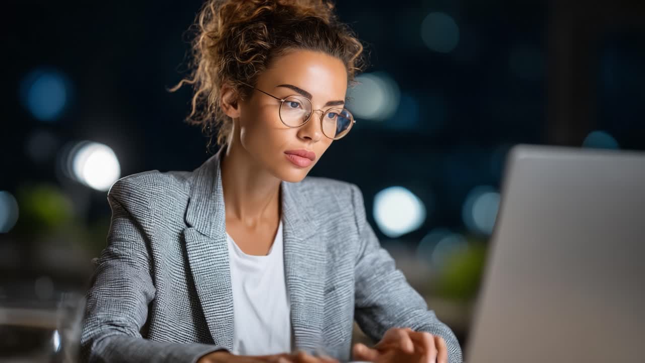 Focused Professional Woman Working Late at Night on a Laptop, Surrounded by Soft Bokeh Lights, Demonstrating Dedication and Modern Workspace Ambience
