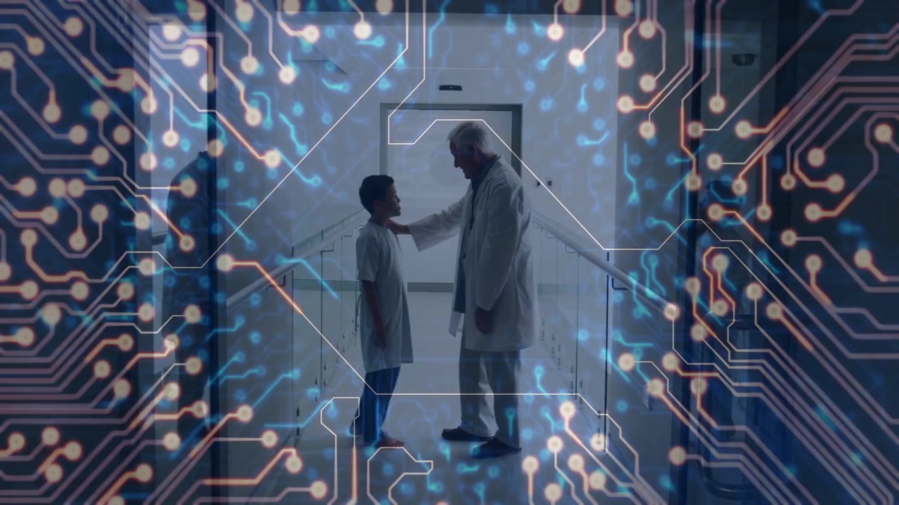 Pulsing tech overlay fading senior doctor walking to child placing hand on shoulder giving comfort