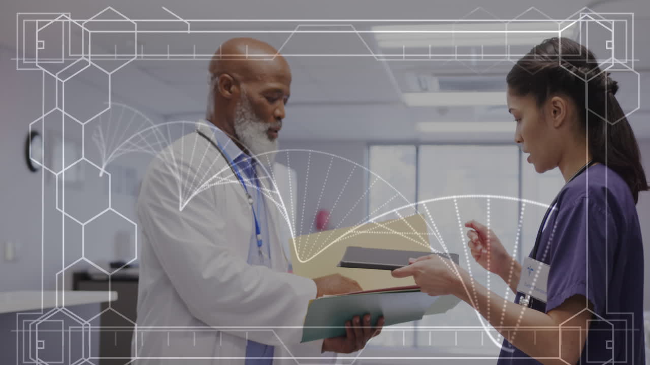 animación de la cadena de adn y procesamiento de datos en diversos médicos