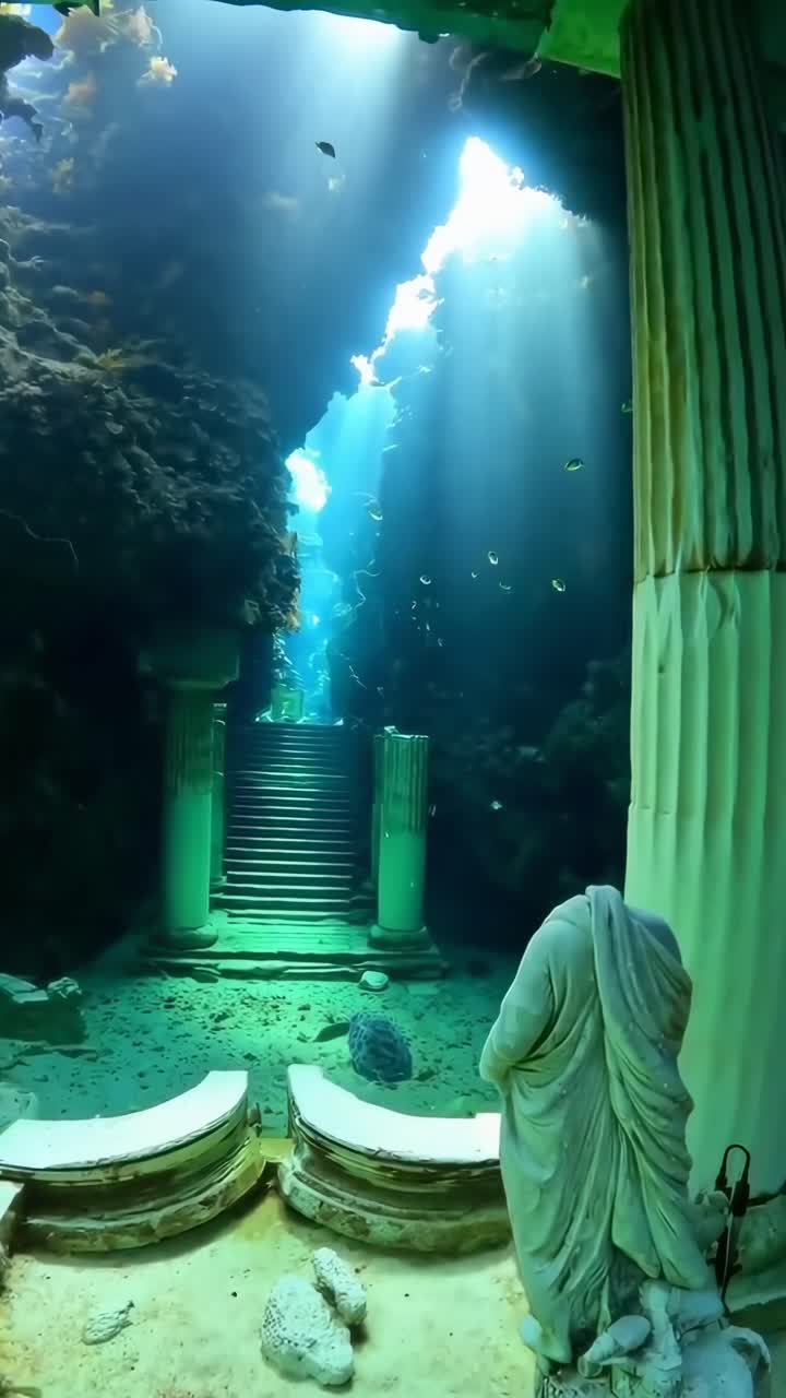 Unterwasser-Antike Ruinen mit Statuen, aus einem niedrigen Winkel aufgenommen, die eine mystische Videoszene schaffen.