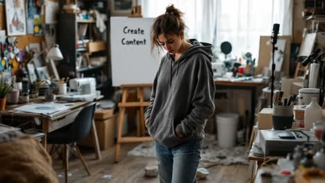 woman in a creative studio with a 'create content' whiteboard