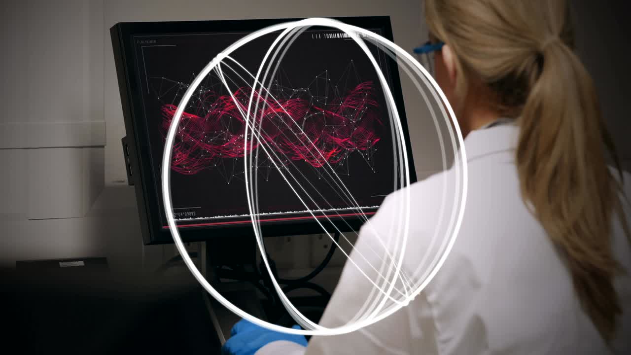 анимация кругов, вращающихся над женщиной-учёным с помощью компьютера