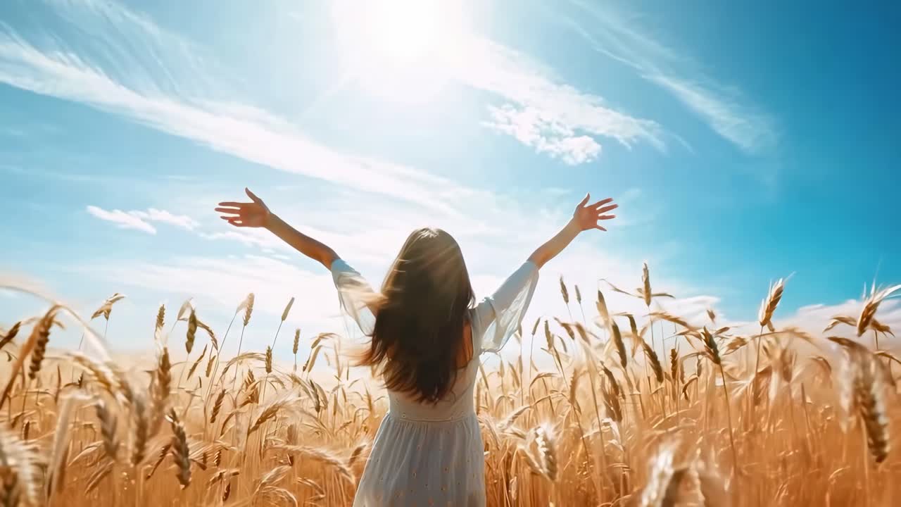 Aerial video captures a woman in a wheat field, arms raised to the sky, embracing freedom