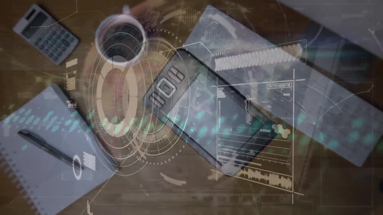 범위 스캐닝과 데이터 처리를 가진 지구상의 애니메이션 사무실의 책상 위에서