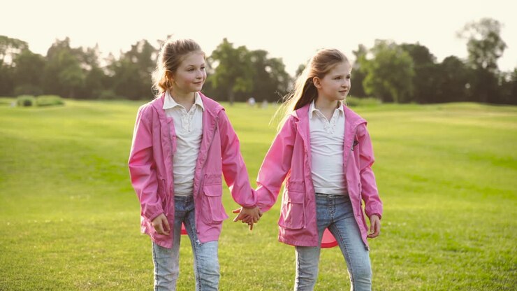 Due sorelline felici con vestiti identici che si tengono per mano e camminano insieme nel parco