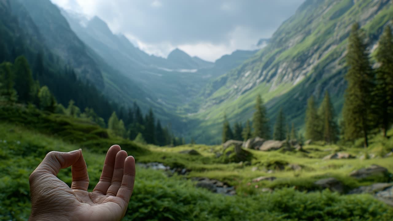 A Serene Moment of Mindfulness: Hands in a Meditative Gesture Amidst the Breathtaking Beauty of a Lush Green Mountain Valley Landscape