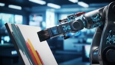 futuristic robotic arm painting a colorful abstract artwork on canvas in a high-tech studio environment with high definition clarity and innovation