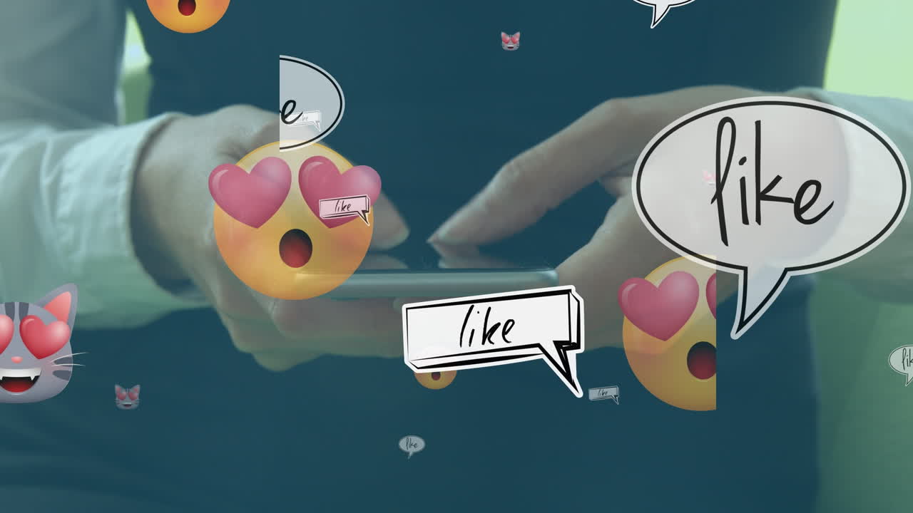 스마트폰을 사용하는 백인 여성 위의 이모지 아이콘의 애니메이션