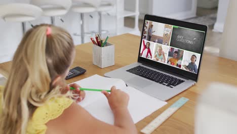 caucasian girl doing homework while having a video conference on laptop at home