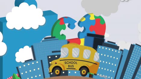 Animation-of-school-bus-driving-through-city-over-heart-formed-with-puzzles