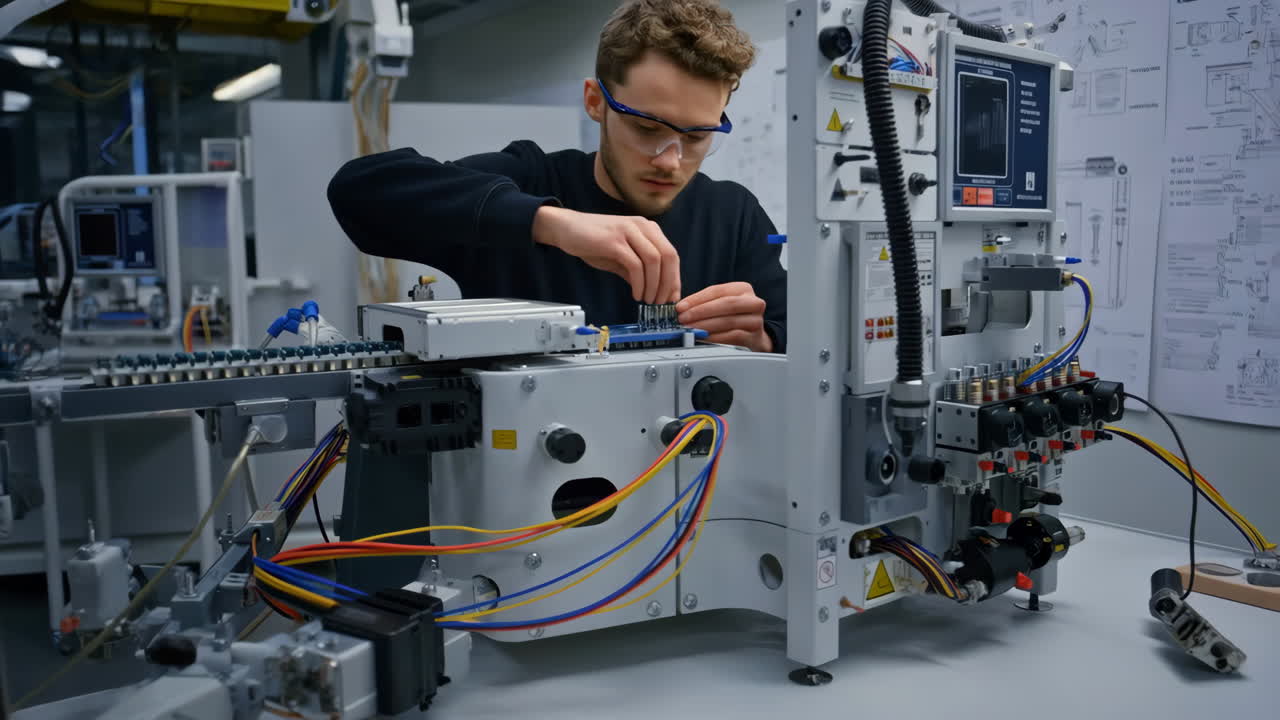 Engineer assembling electronic machinery in a lab
