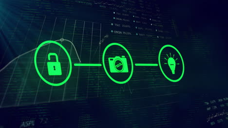Smart home device icons connected in network, data processing animation