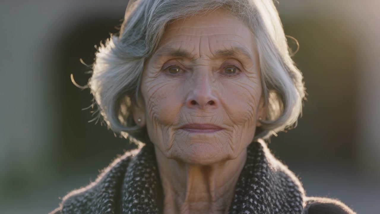 Holding closeup camera filming Senior woman gazing for portrait in arched facade wearing scarf