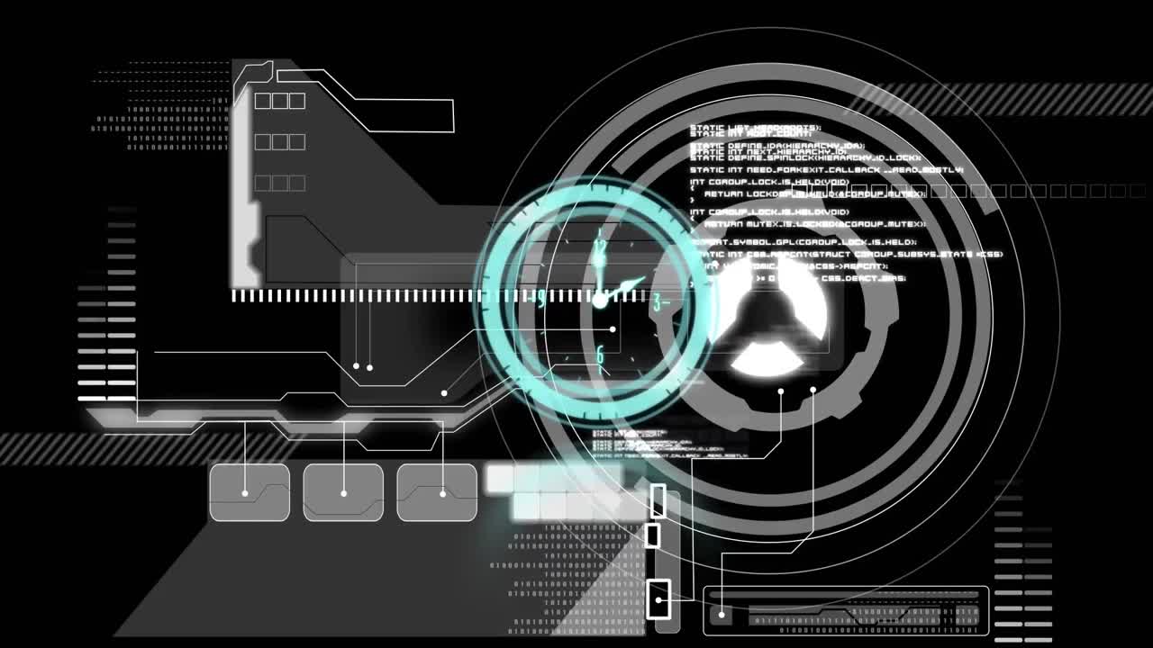 Animation of hands turning on blue clock over interface with scope and data processing