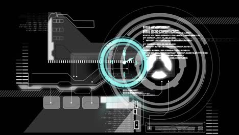animation of hands turning on blue clock over interface with scope and data processing