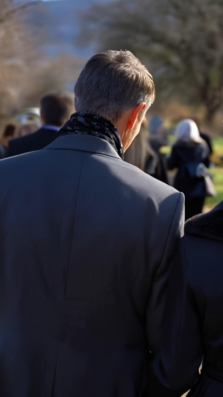 Donna con elegante chignon cammina con un gruppo solenne all'aperto. La luce soffusa del sole filtra attraverso alberi lontani. Un uomo in abito scuro cammina accanto a lei, con la testa leggermente china. Il suo profilo mostra un quieto rispetto.