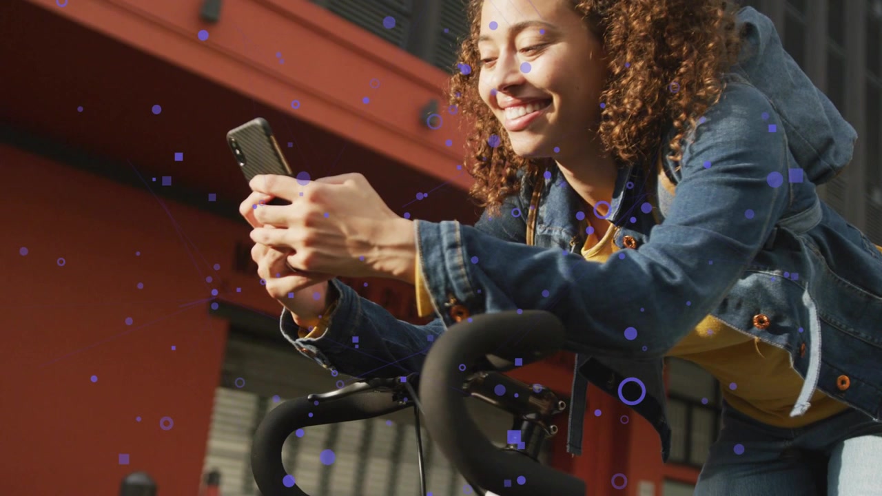 Woman leaning on bike, tapping smartphone and causing purple particles over screen checking commute