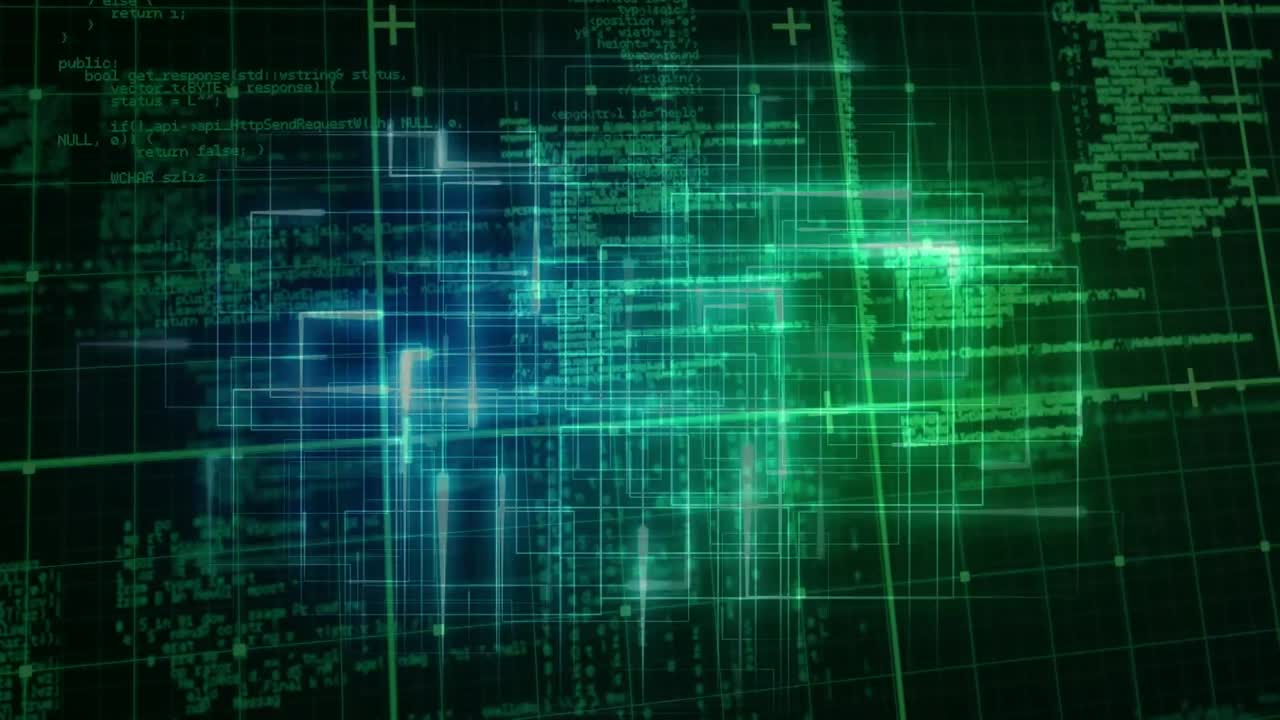 Animation of glowing data processing with markers over grid